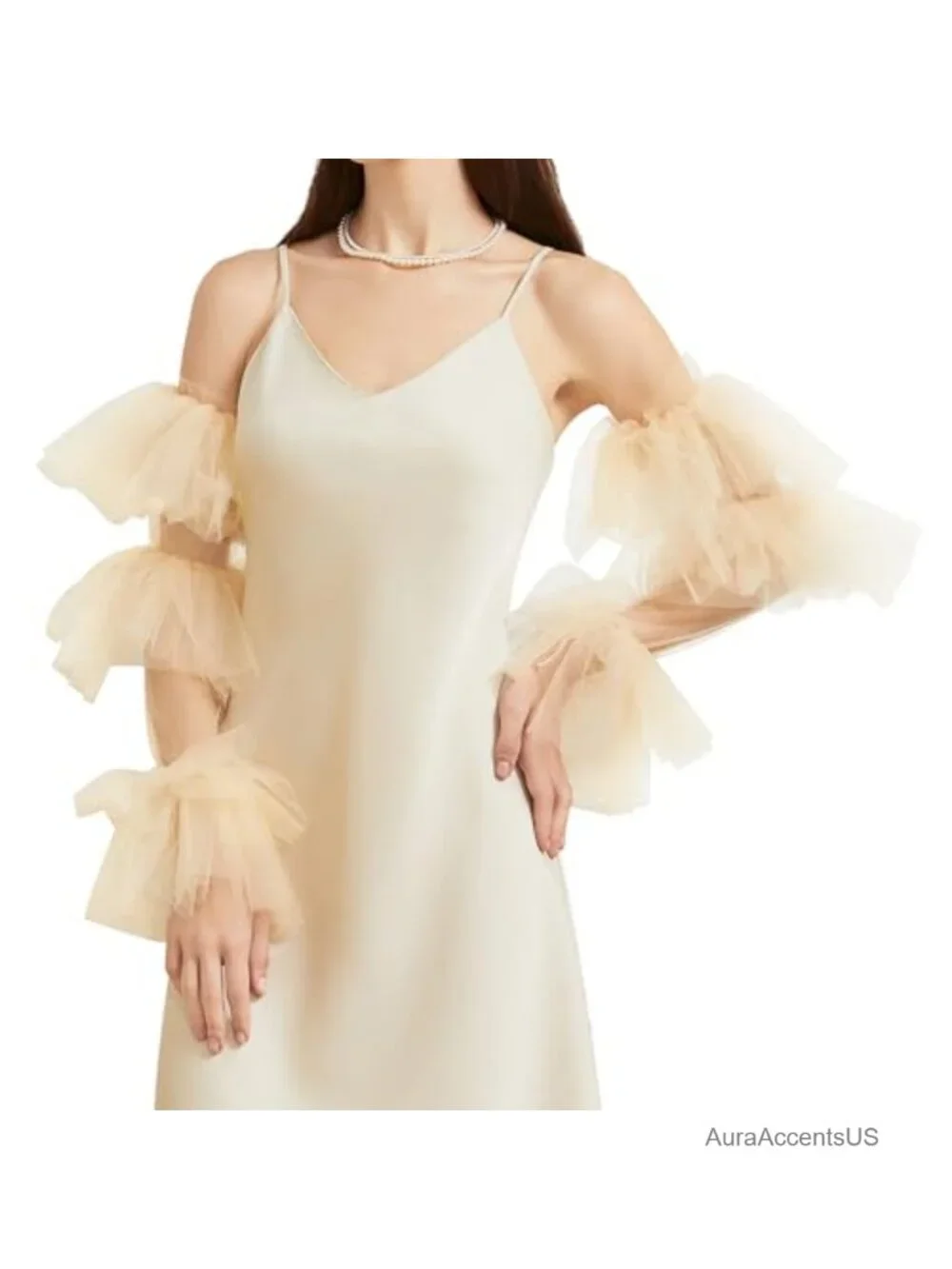 Women Long Opera Gloves Tulle Mesh Ruffled Puff Sleeve Fingerless